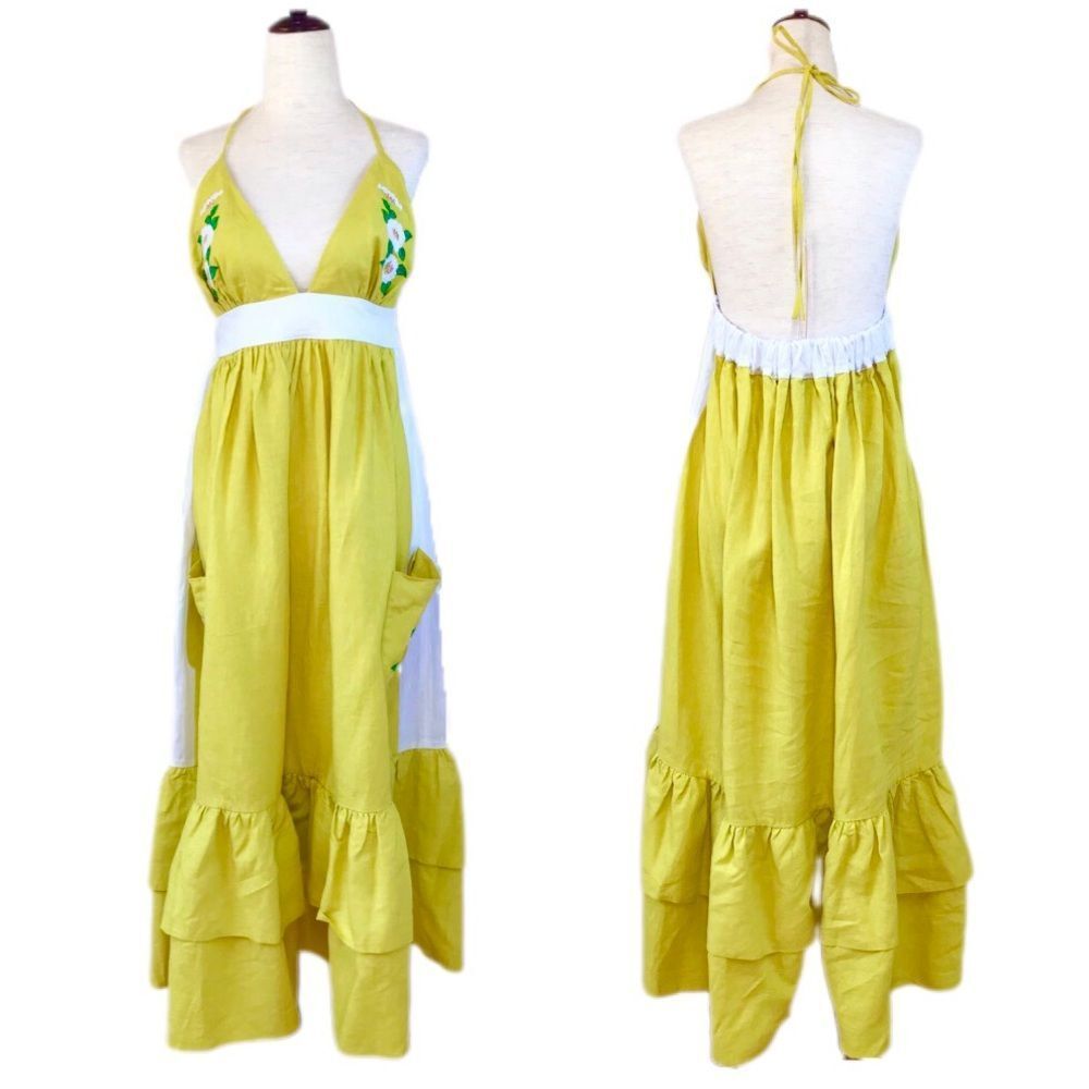 FANM MON Yamile 100% Linen‎ Halter Midi Dress Floral Embroidered Yellow XL New